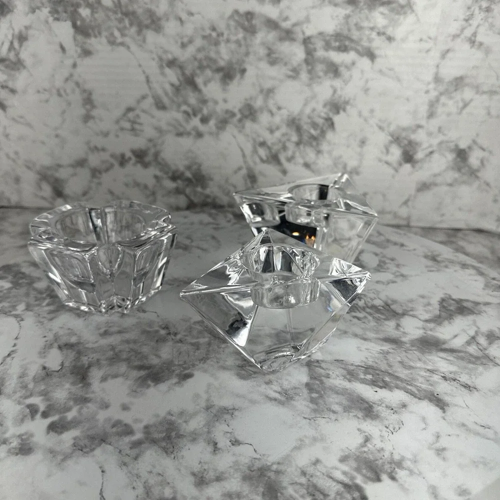 Orrefors Sweden Heavy Crystal Tea Light‎ Votive Holder Set of 3 Geometric